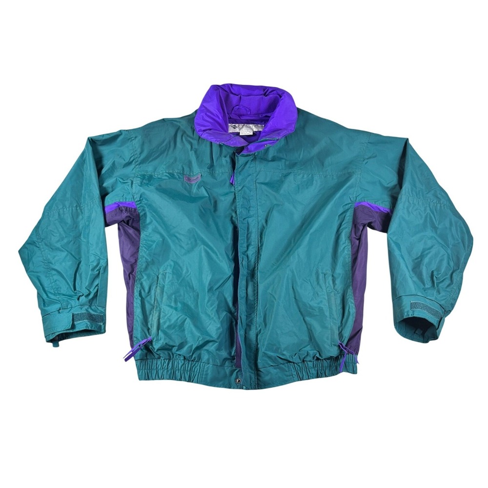 Vintage Columbia Sportswear Mens Large Teal Purple Colorblock Windbreaker Jacket